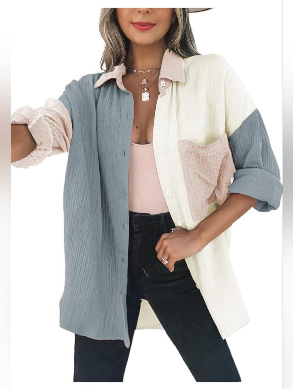 NWT Dokotoo 2XL Colorblock Cotton Button Front Shirt Jacket Boho Coastal